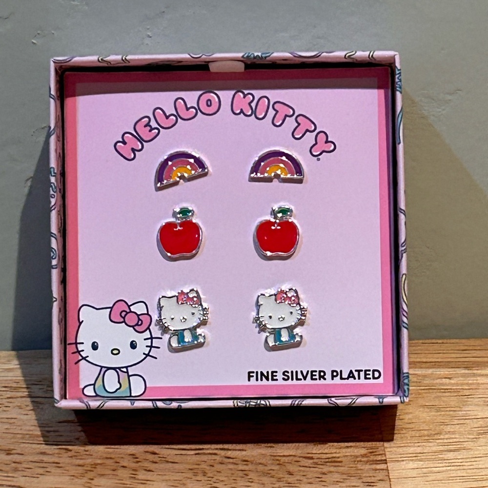 Box Set of 3 Hello Kitty Silver Plated Rainbow Earrings Made By Sanrio. NWTS.